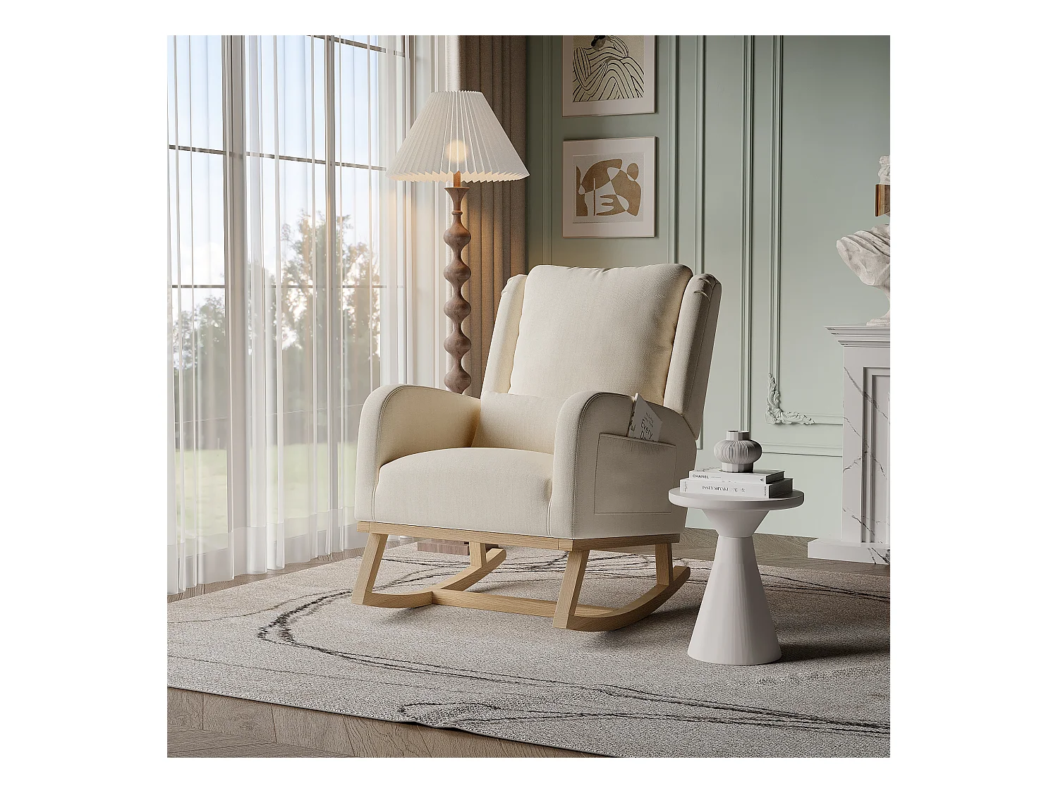 Fauteuil à bascule, fauteuil de relaxation, avec coussin lombaire, pieds en bois, 68x93x96cm,beige