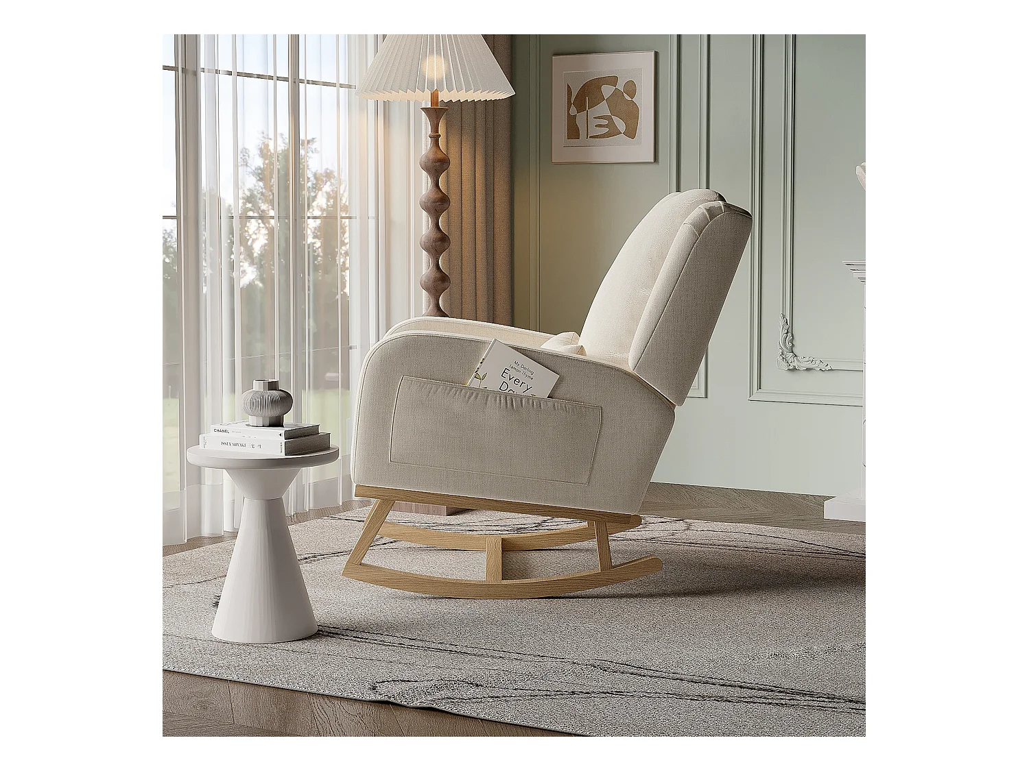 Fauteuil à bascule, fauteuil de relaxation, avec coussin lombaire, pieds en bois, 68x93x96cm,beige