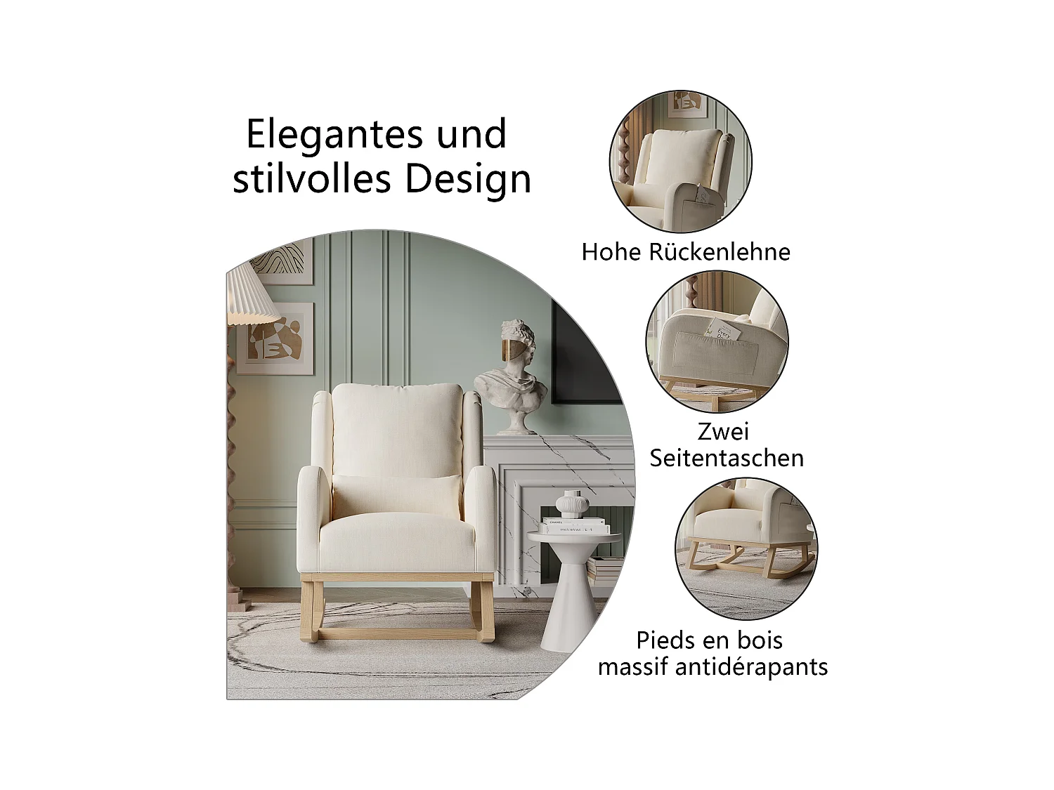 Fauteuil à bascule, fauteuil de relaxation, avec coussin lombaire, pieds en bois, 68x93x96cm,beige
