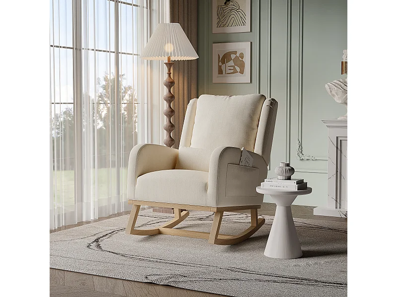 Fauteuil à bascule, fauteuil de relaxation, avec coussin lombaire, pieds en bois, 68x93x96cm,beige