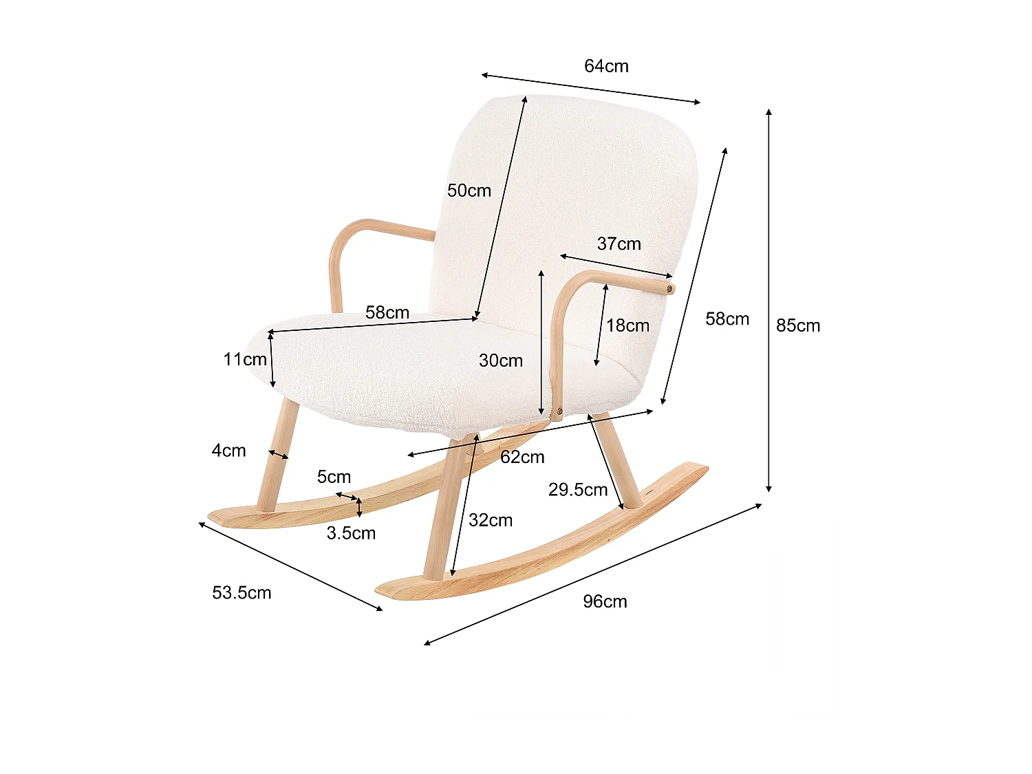 Chaise à bascule avec accoudoirs en bois, structure en acier et pieds en hêtre, Laine d'agneau blanc