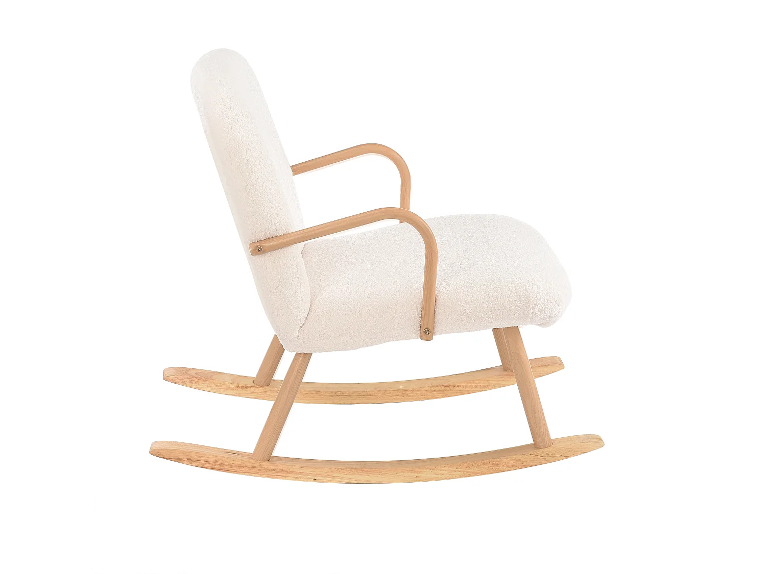 Chaise à bascule avec accoudoirs en bois, structure en acier et pieds en hêtre, Laine d'agneau blanc