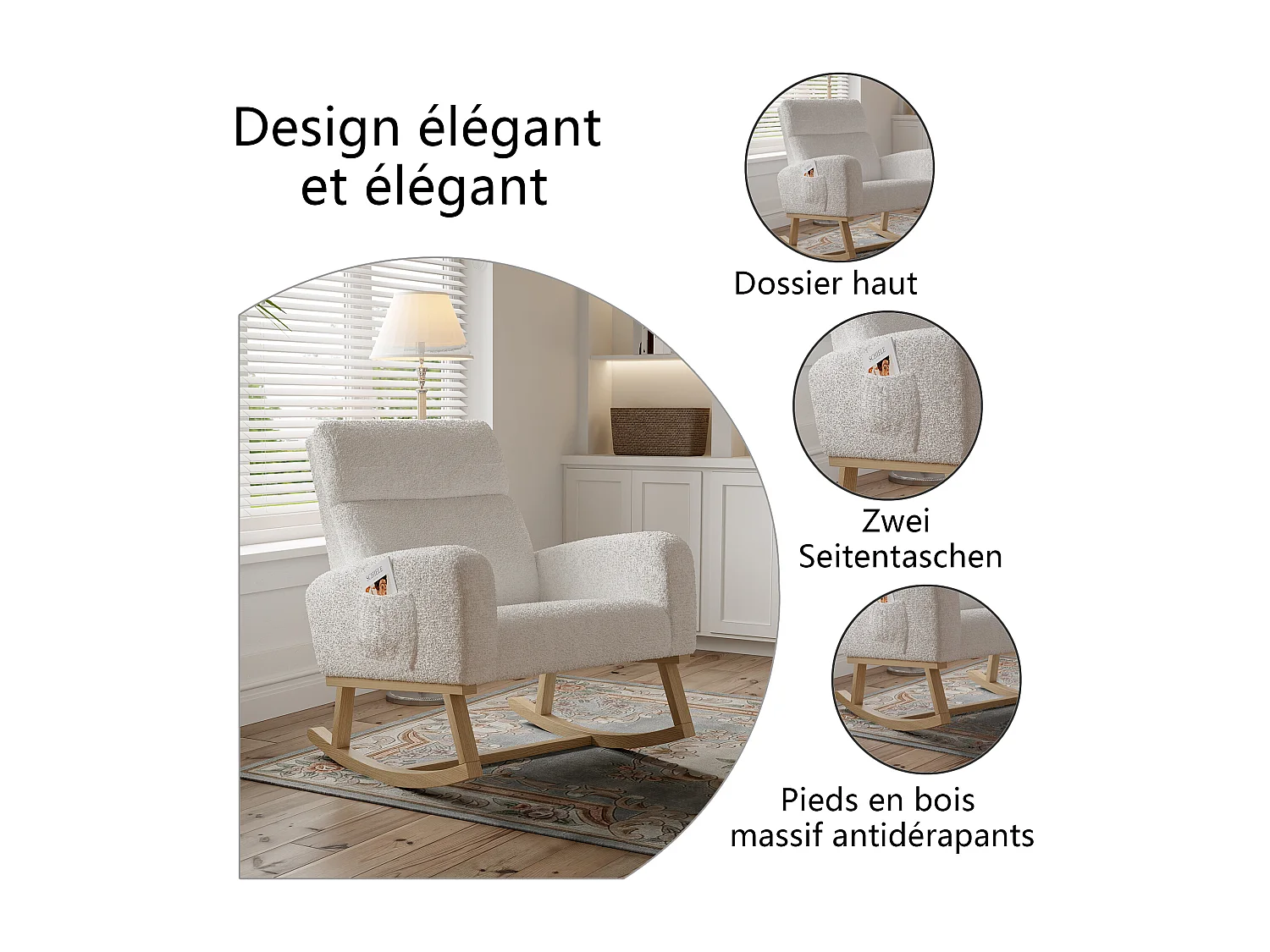 Schommelstoel voor slaap- en woonkamer, met massief houten poten, bekleed met wit lamsleer.