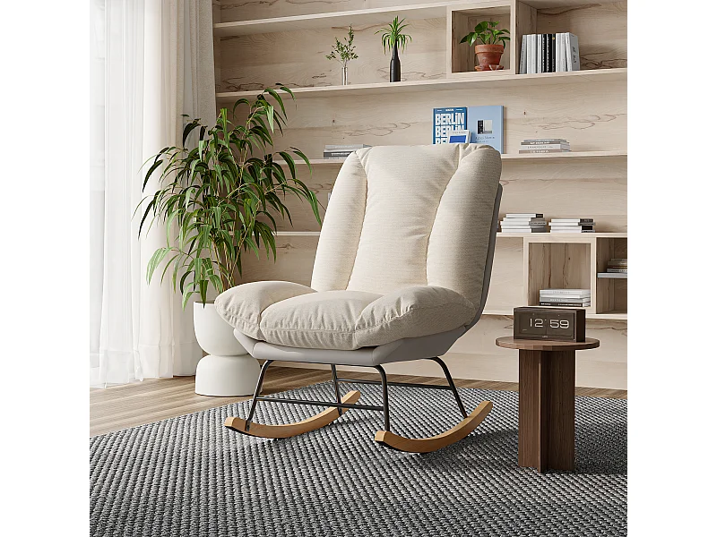 Fauteuil à bascule en flanelle, 12 angles de dossier réglables + velcro pour coussins de dossier et d'assise, beige