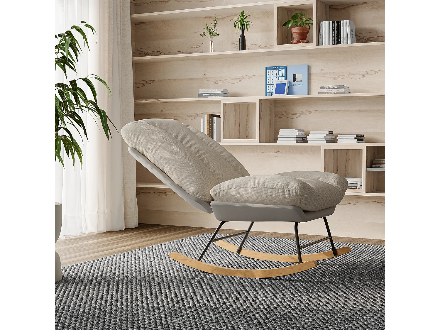 Fauteuil à bascule en flanelle, 12 angles de dossier réglables + velcro pour coussins de dossier et d'assise, beige