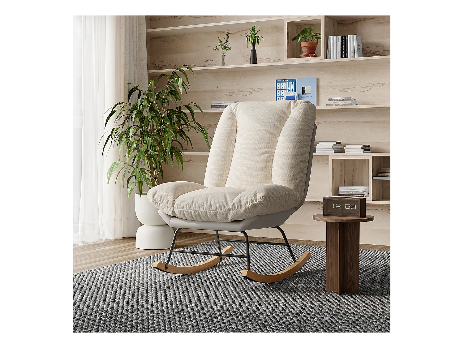 Fauteuil à bascule en flanelle, 12 angles de dossier réglables + velcro pour coussins de dossier et d'assise, beige