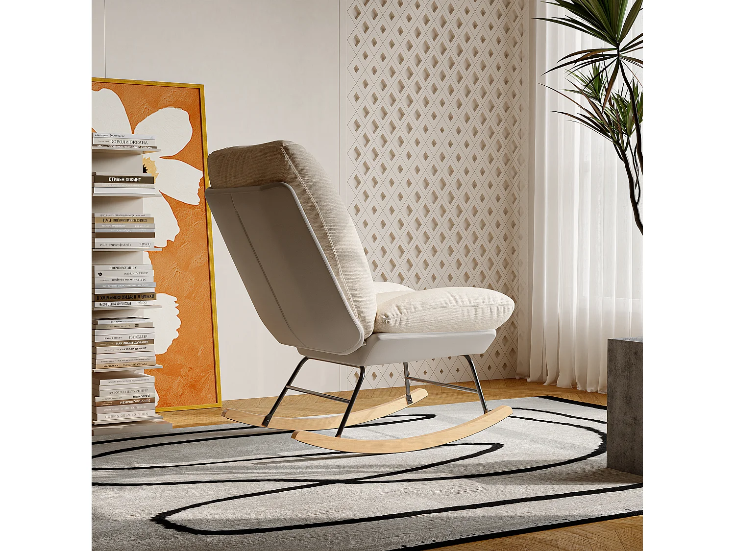 Flanell-Schaukelstuhl, 12 verstellbare Rückenlehnenwinkel + Klettverschluss für Rücken- und Sitzkissen, beige