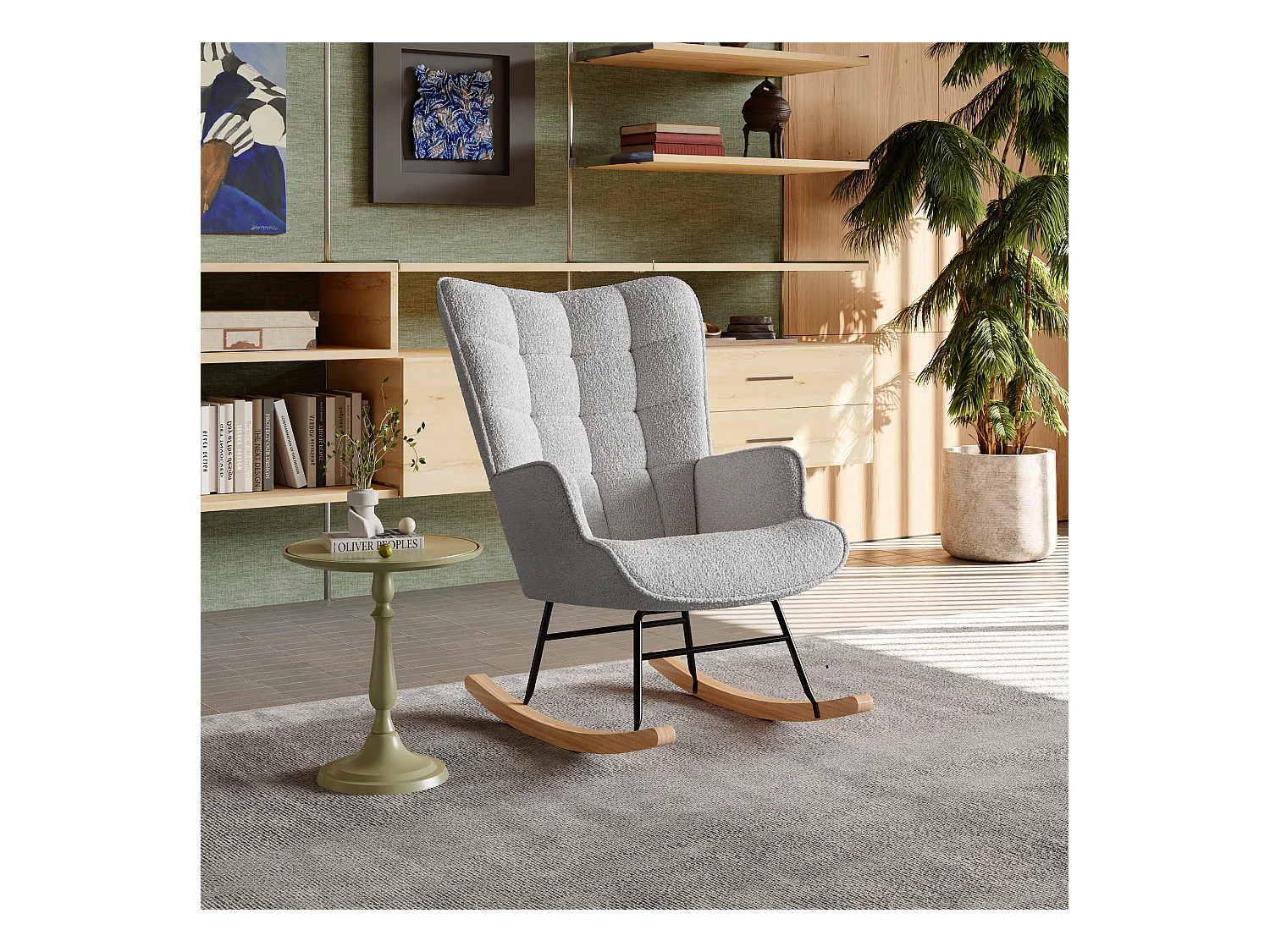 Fauteuil à bascule Teddy en tissu avec structure en métal et base en bois, motif à carreaux, gris foncé