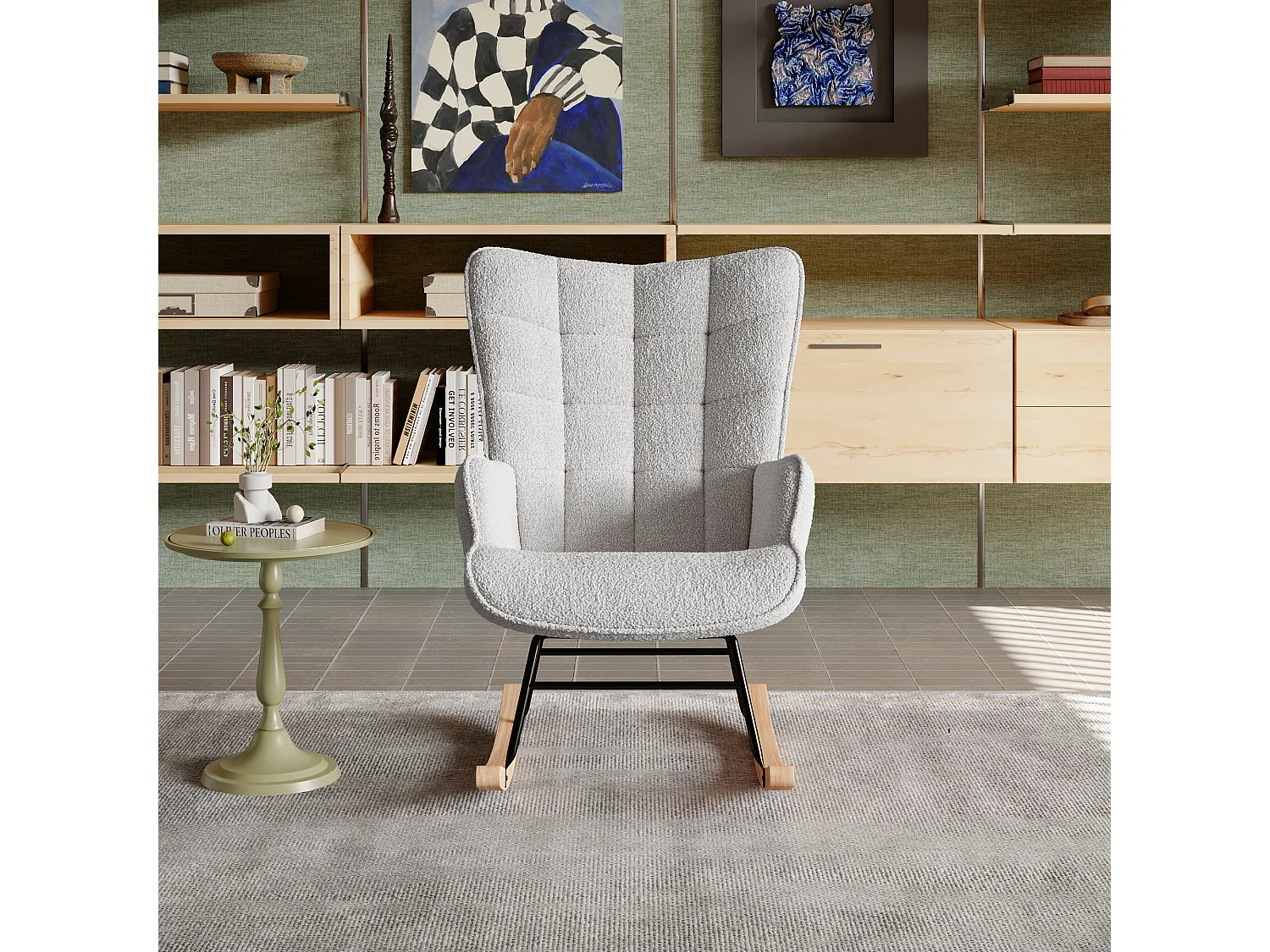 Fauteuil à bascule Teddy en tissu avec structure en métal et base en bois, motif à carreaux, gris foncé