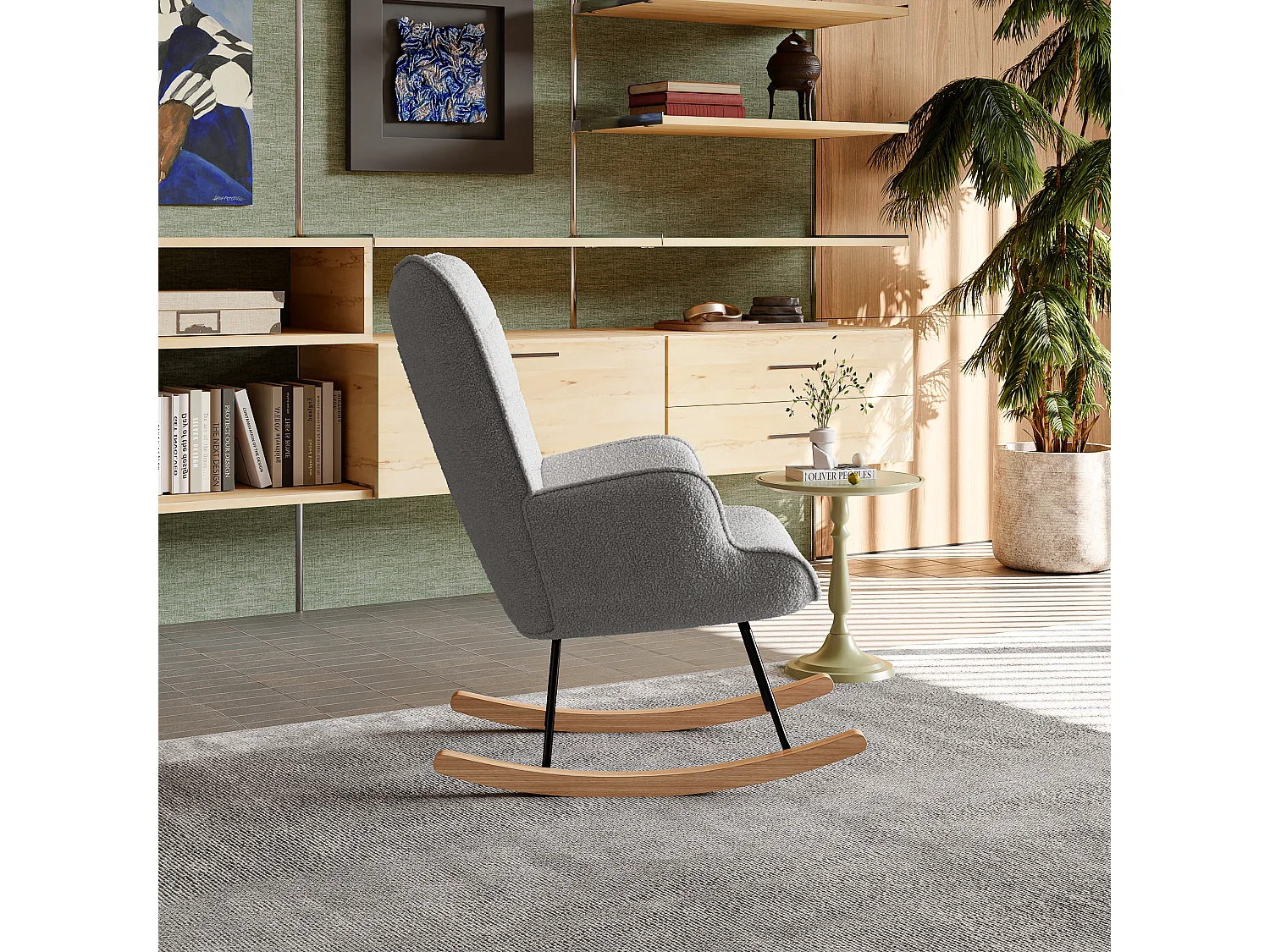 Fauteuil à bascule Teddy en tissu avec structure en métal et base en bois, motif à carreaux, gris foncé