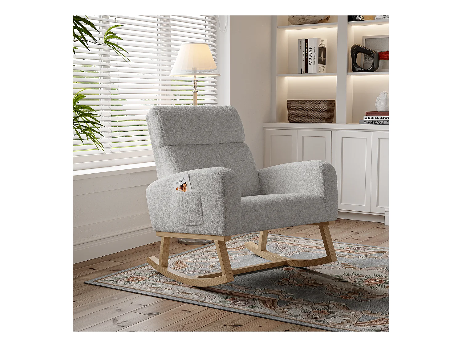 Fauteuil à bascule en bois massif, fauteuil à bascule recouvert de laine avec poches à côté des accoudoirs, Gris clair