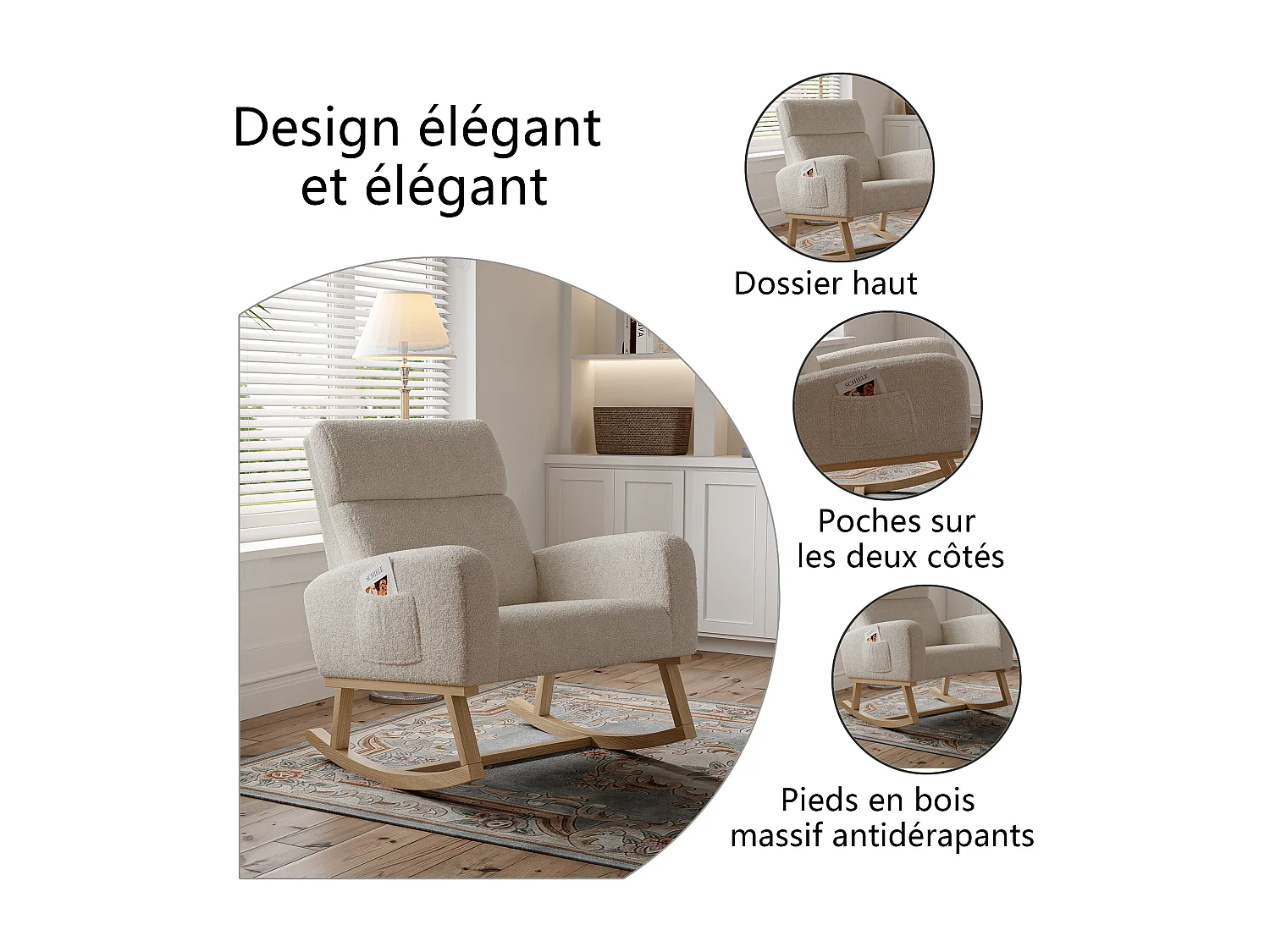 Fauteuil à bascule en bois massif, fauteuil à bascule recouvert de laine avec poches à côté des accoudoirs, beige