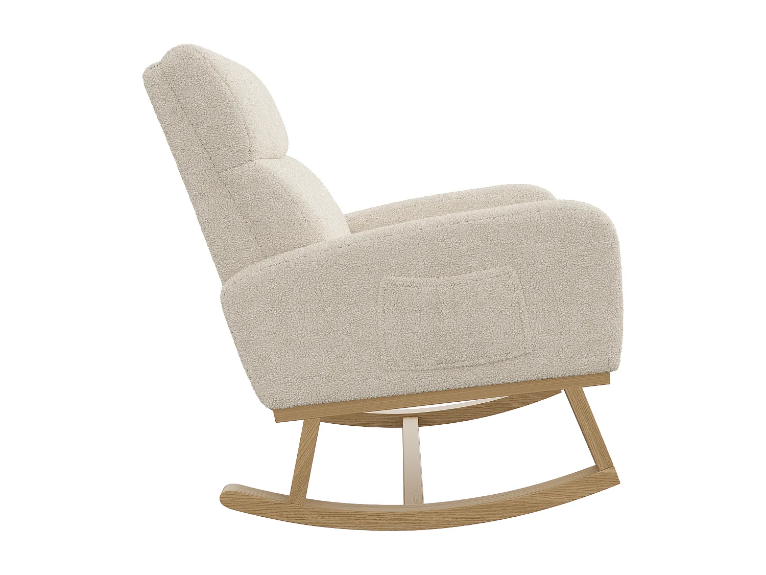 Fauteuil à bascule en bois massif, fauteuil à bascule recouvert de laine avec poches à côté des accoudoirs, beige
