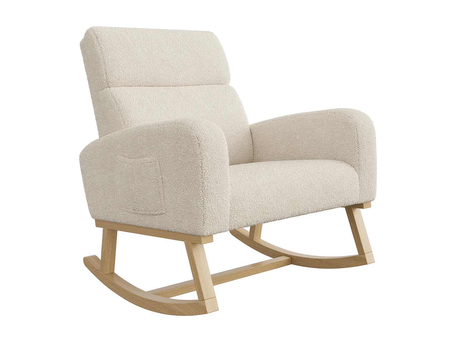 Fauteuil à bascule en bois massif, fauteuil à bascule recouvert de laine avec poches à côté des accoudoirs, beige