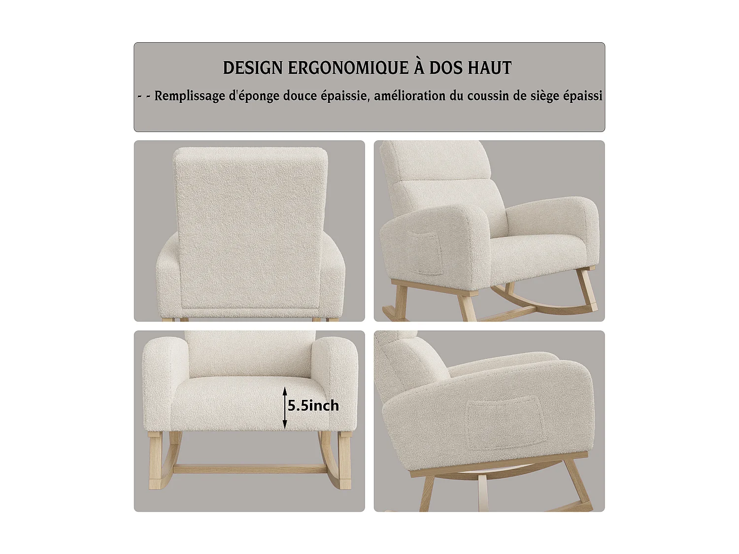 Fauteuil à bascule en bois massif, fauteuil à bascule recouvert de laine avec poches à côté des accoudoirs, beige