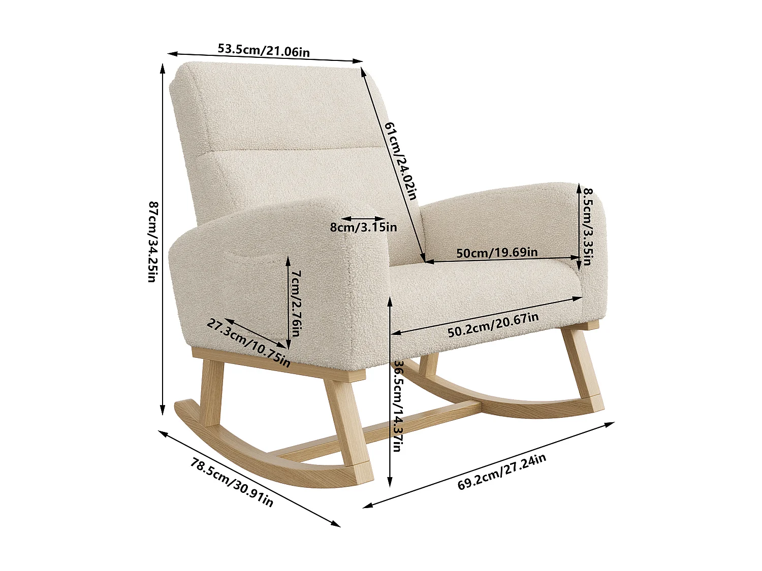 Fauteuil à bascule en bois massif, fauteuil à bascule recouvert de laine avec poches à côté des accoudoirs, beige
