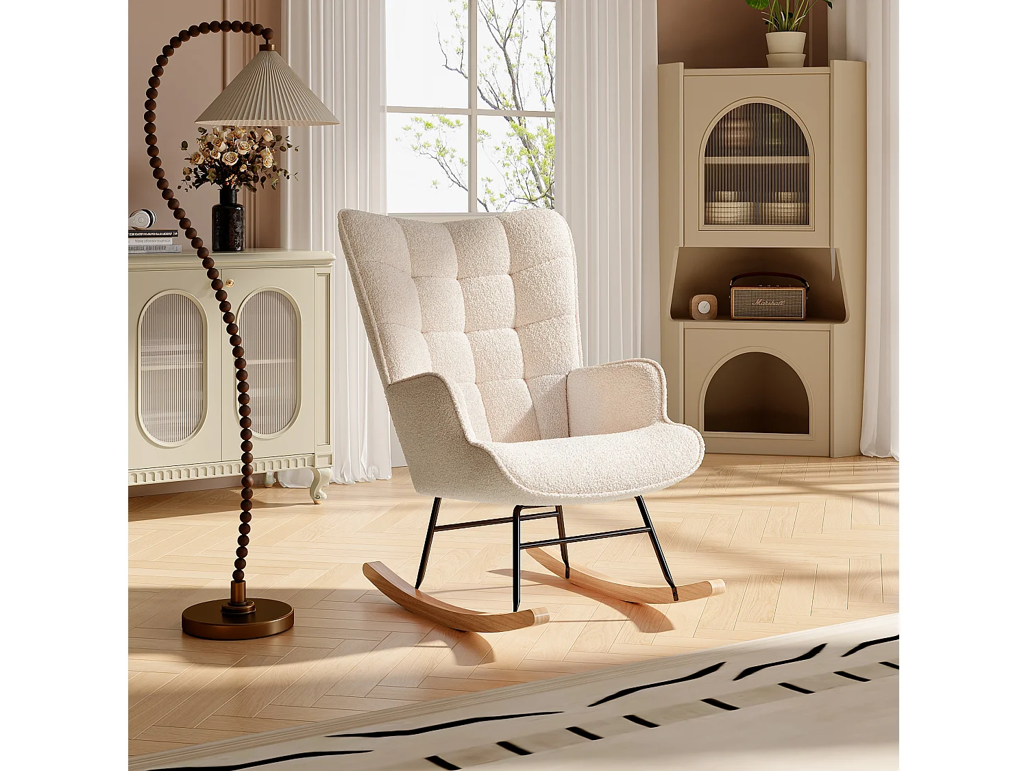 Fauteuil à bascule en peluche Teddy avec accoudoirs et dossier rembourrés, beige