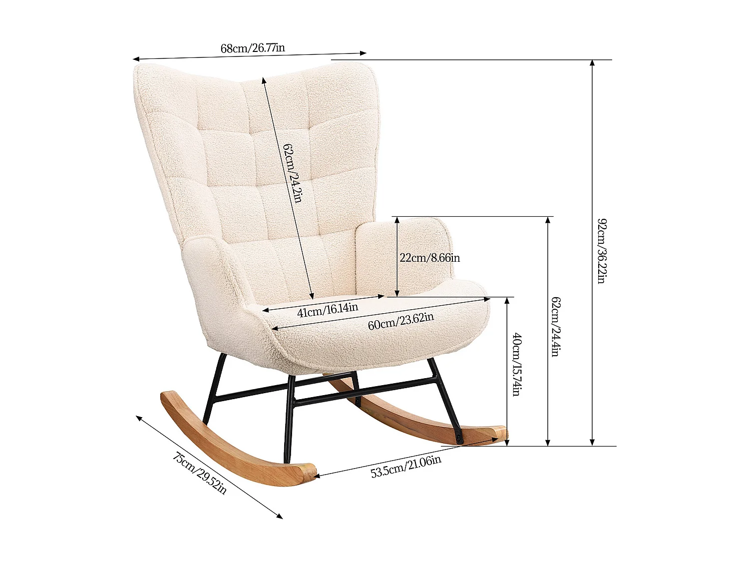 Fauteuil à bascule en peluche Teddy avec accoudoirs et dossier rembourrés, beige