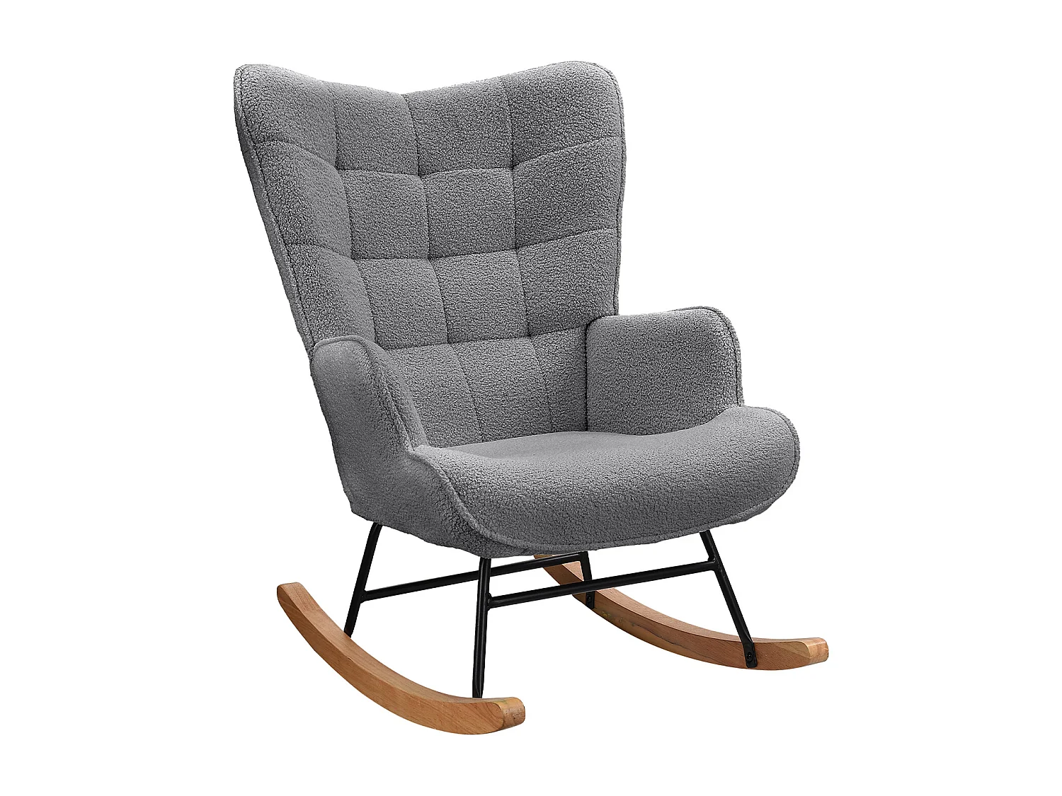 Fauteuil de salon, rocking chair, motif à carreaux, tissu gris foncé et pieds en hêtre, 68 x 75 x 92 cm