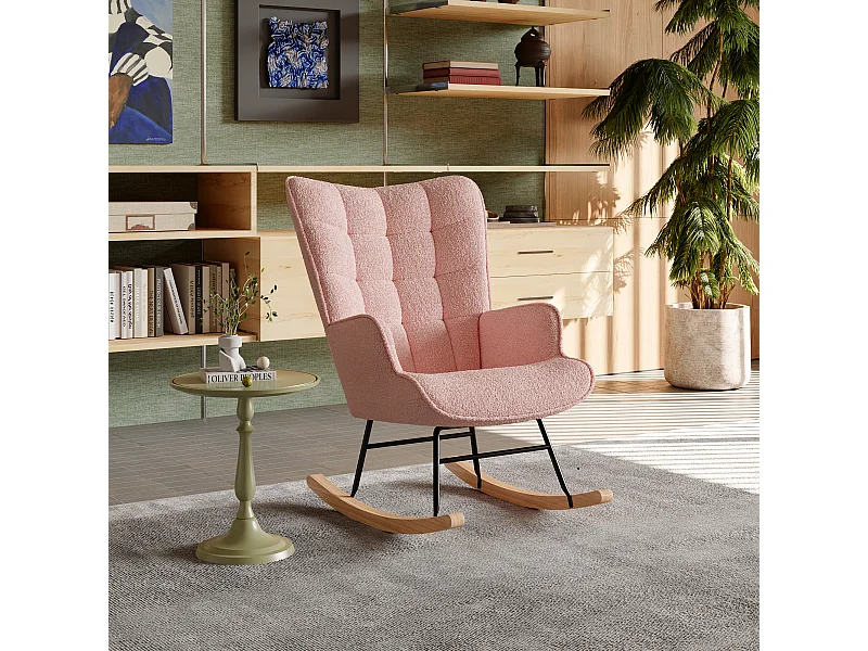 Fauteuil de salon, rocking chair, motif à carreaux, tissu rosa  et pieds en hêtre, 68 x 75 x 92 cm