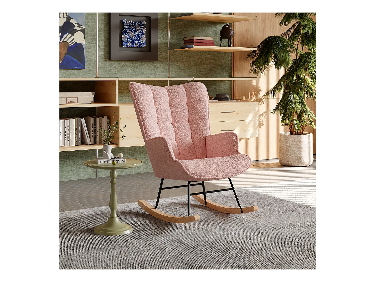 Fauteuil de salon, rocking chair, motif à carreaux, tissu rosa  et pieds en hêtre, 68 x 75 x 92 cm