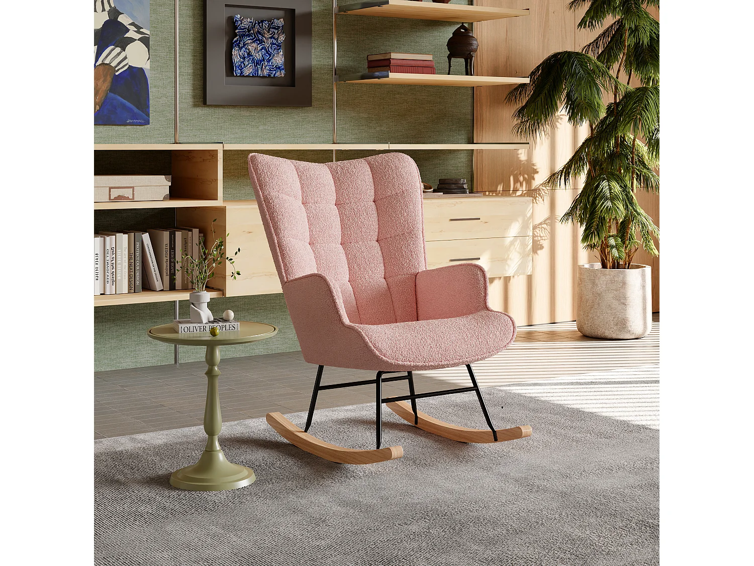 Fauteuil de salon, rocking chair, motif à carreaux, tissu rosa  et pieds en hêtre, 68 x 75 x 92 cm