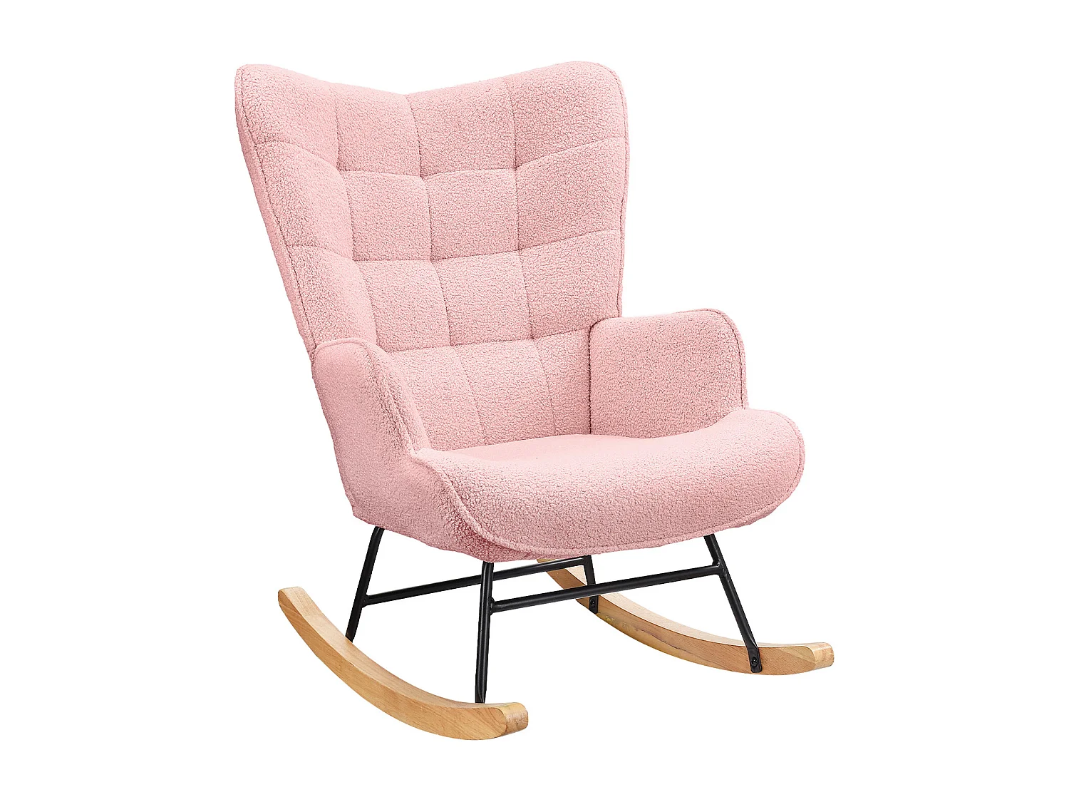 Fauteuil de salon, rocking chair, motif à carreaux, tissu rosa  et pieds en hêtre, 68 x 75 x 92 cm