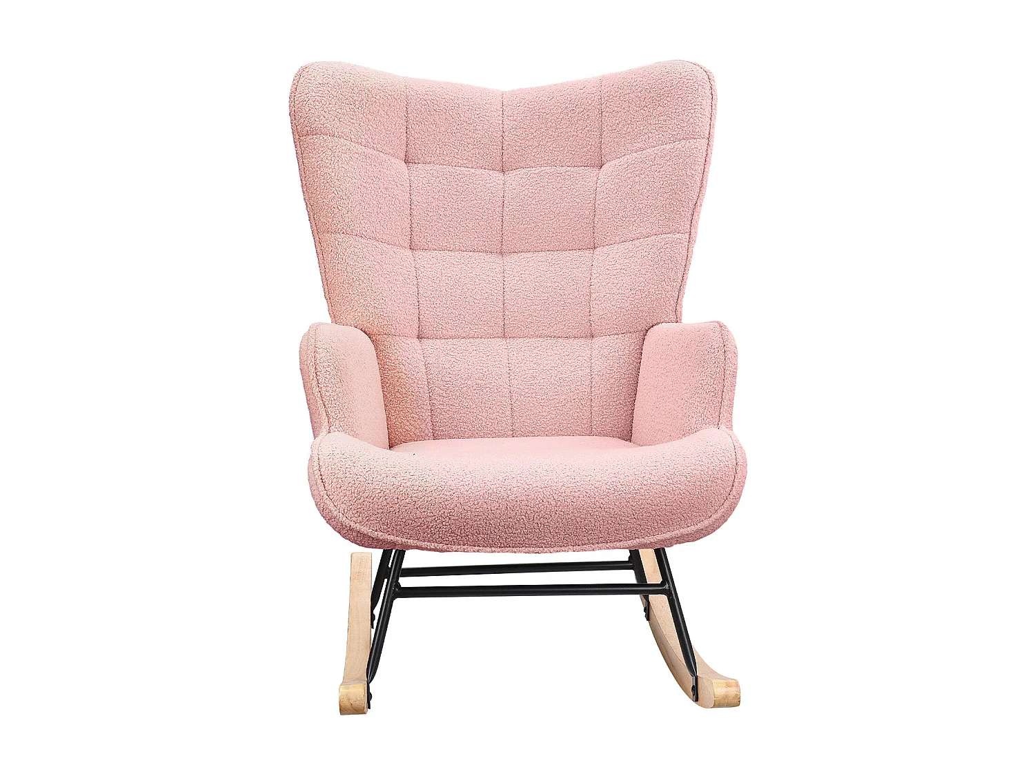 Fauteuil de salon, rocking chair, motif à carreaux, tissu rosa  et pieds en hêtre, 68 x 75 x 92 cm