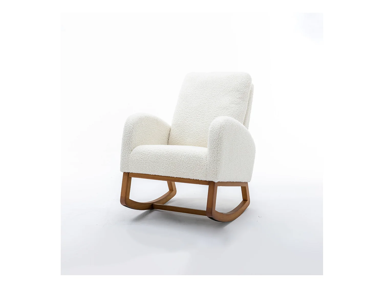 Fauteuil à bascule en tissu avec 1 poche latérale + accoudoirs et dossier rembourré, pieds en bois massif naturel, Blanc