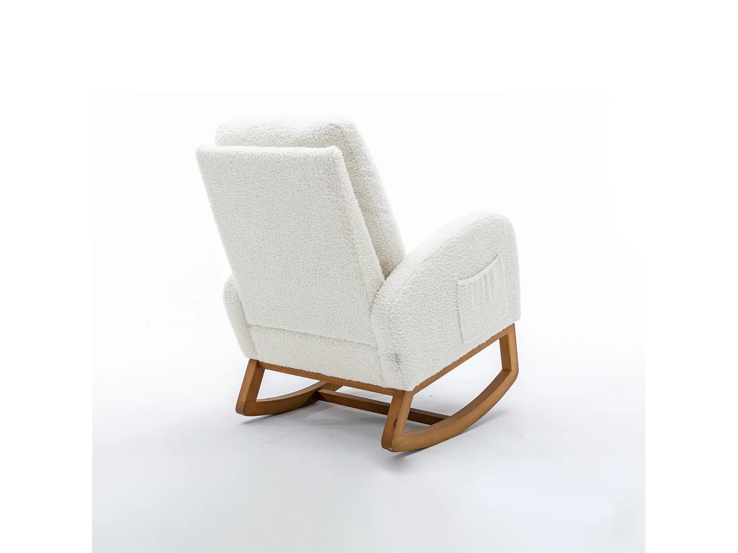 Fauteuil à bascule en tissu avec 1 poche latérale + accoudoirs et dossier rembourré, pieds en bois massif naturel, Blanc