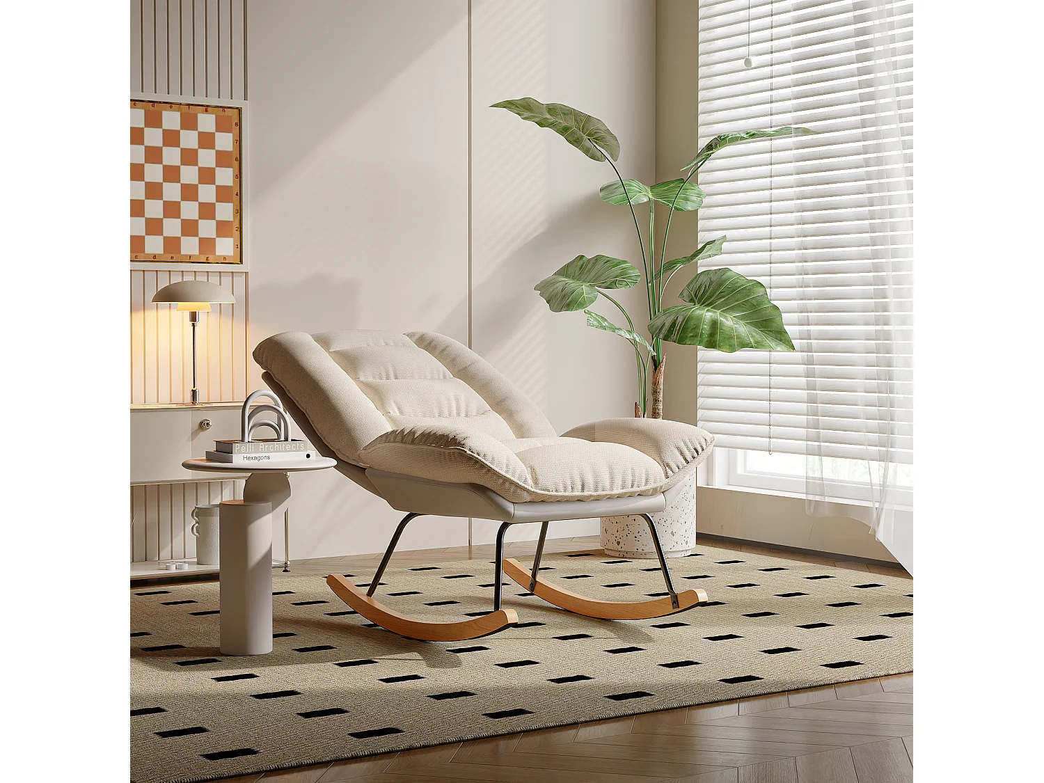 Fauteuil à bascule en flanelle, 12 angles de dossier réglables + velcro pour coussins de dossier et d'assise, beige