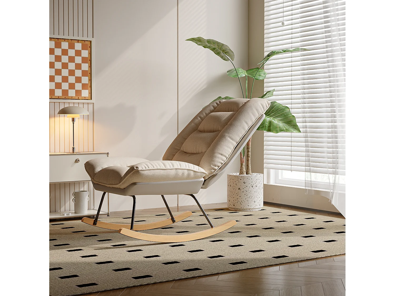 Fauteuil à bascule en flanelle, 12 angles de dossier réglables + velcro pour coussins de dossier et d'assise, beige