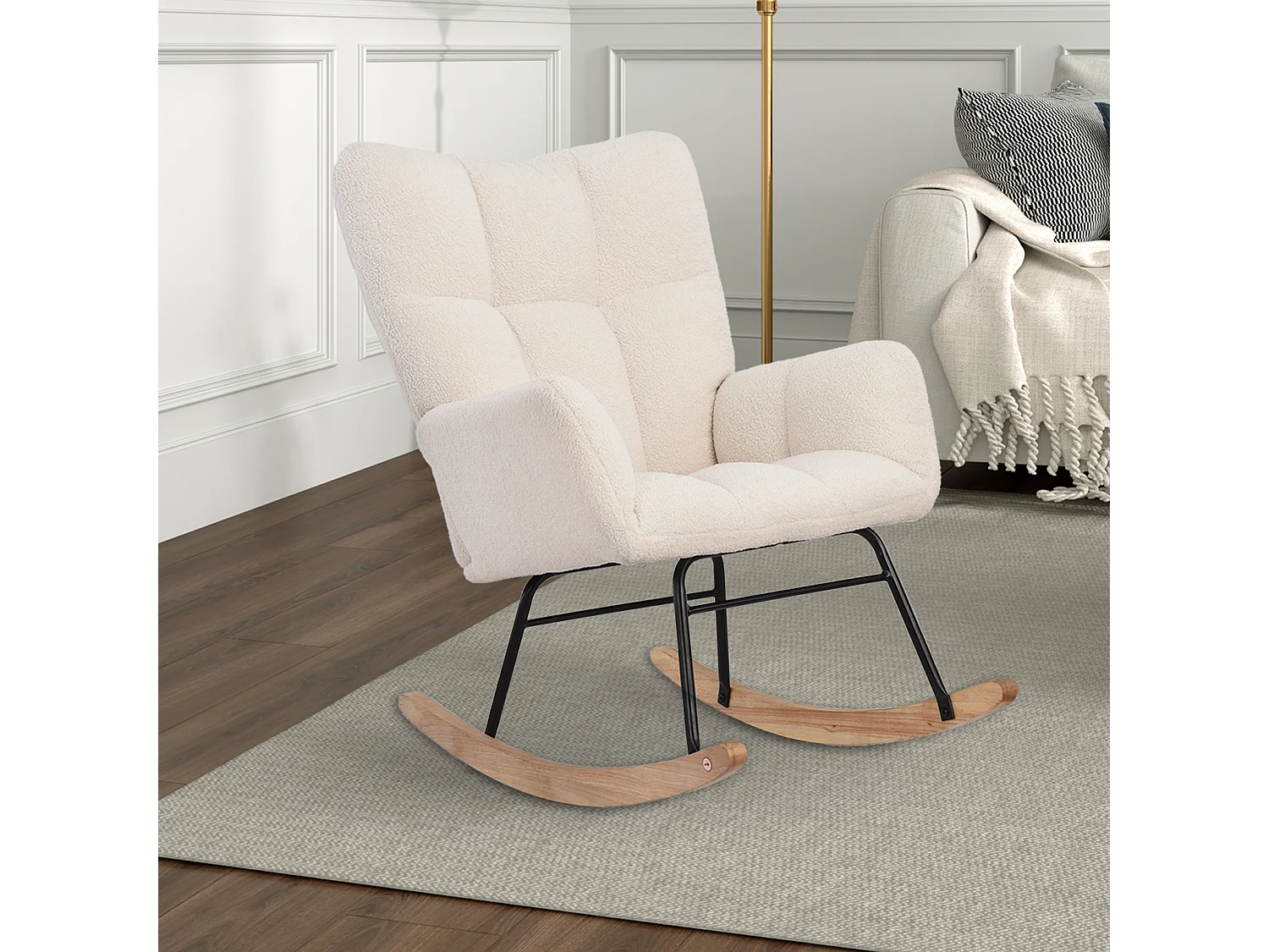 Gestoffeerde fauteuil, zacht geruit patroon, woonkamer, slaapkamer, schommelstoel, draagvermogen 120 kg, beige