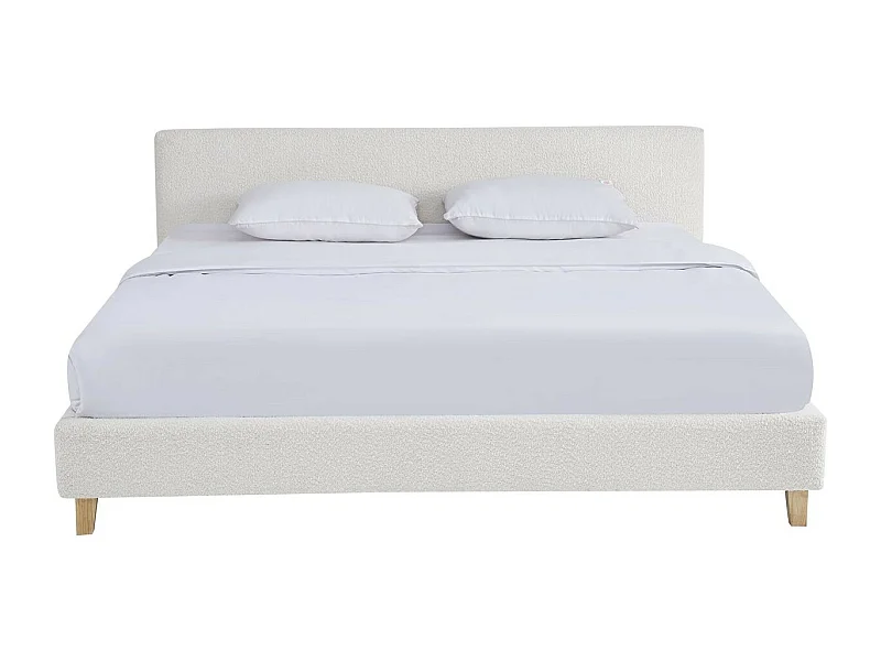 Lit adulte 180x200 cm avec tête de lit capitonnée en tissu bouclé beige - Milo