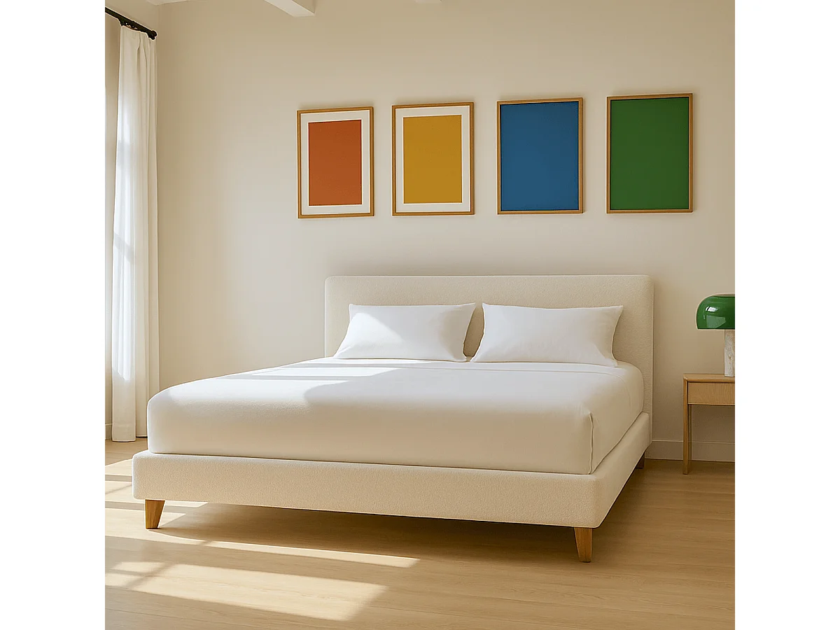 Lit adulte 180x200 cm avec tête de lit capitonnée en tissu bouclé beige - Milo