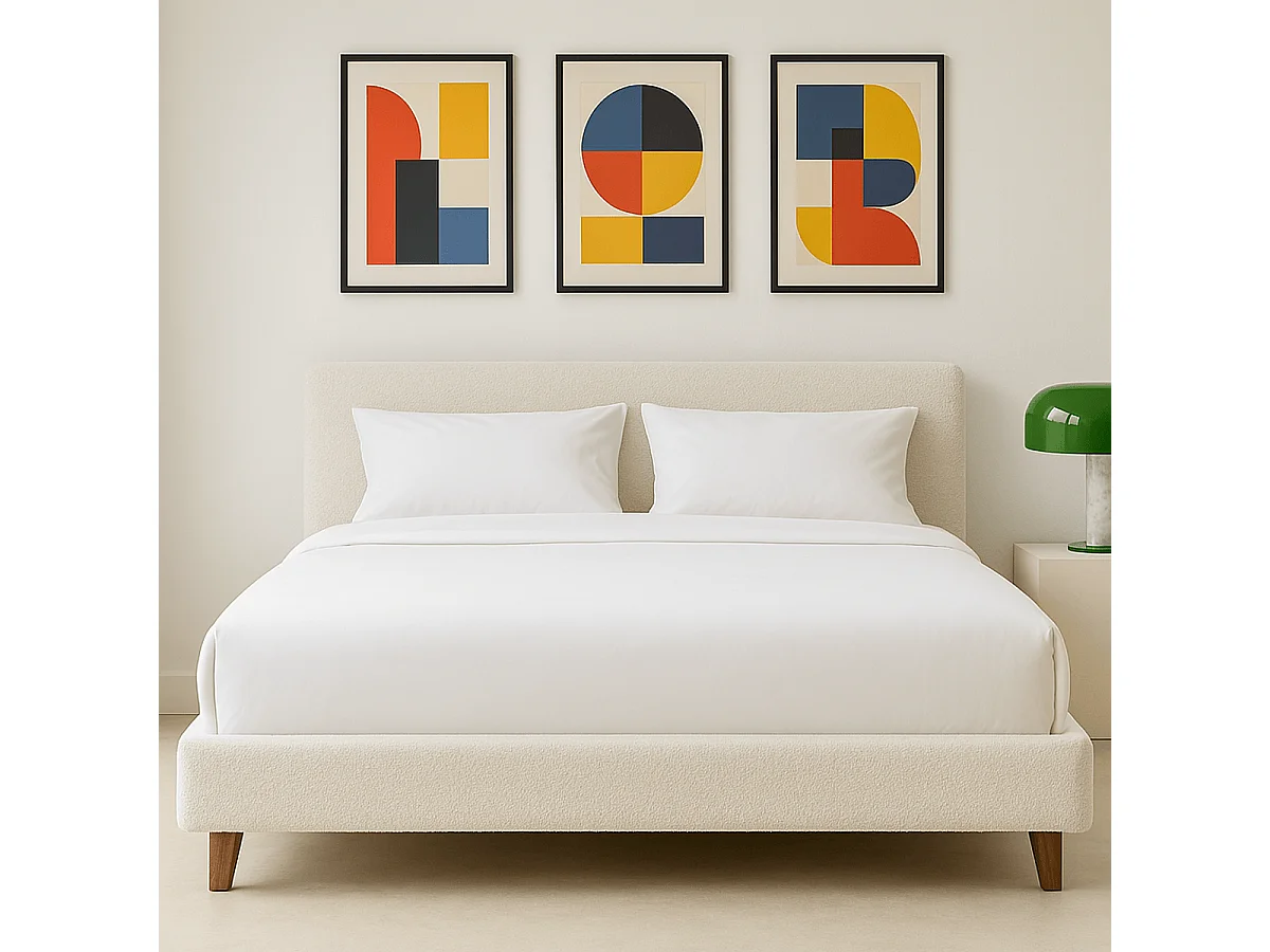 Lit adulte 180x200 cm avec tête de lit capitonnée en tissu bouclé beige - Milo