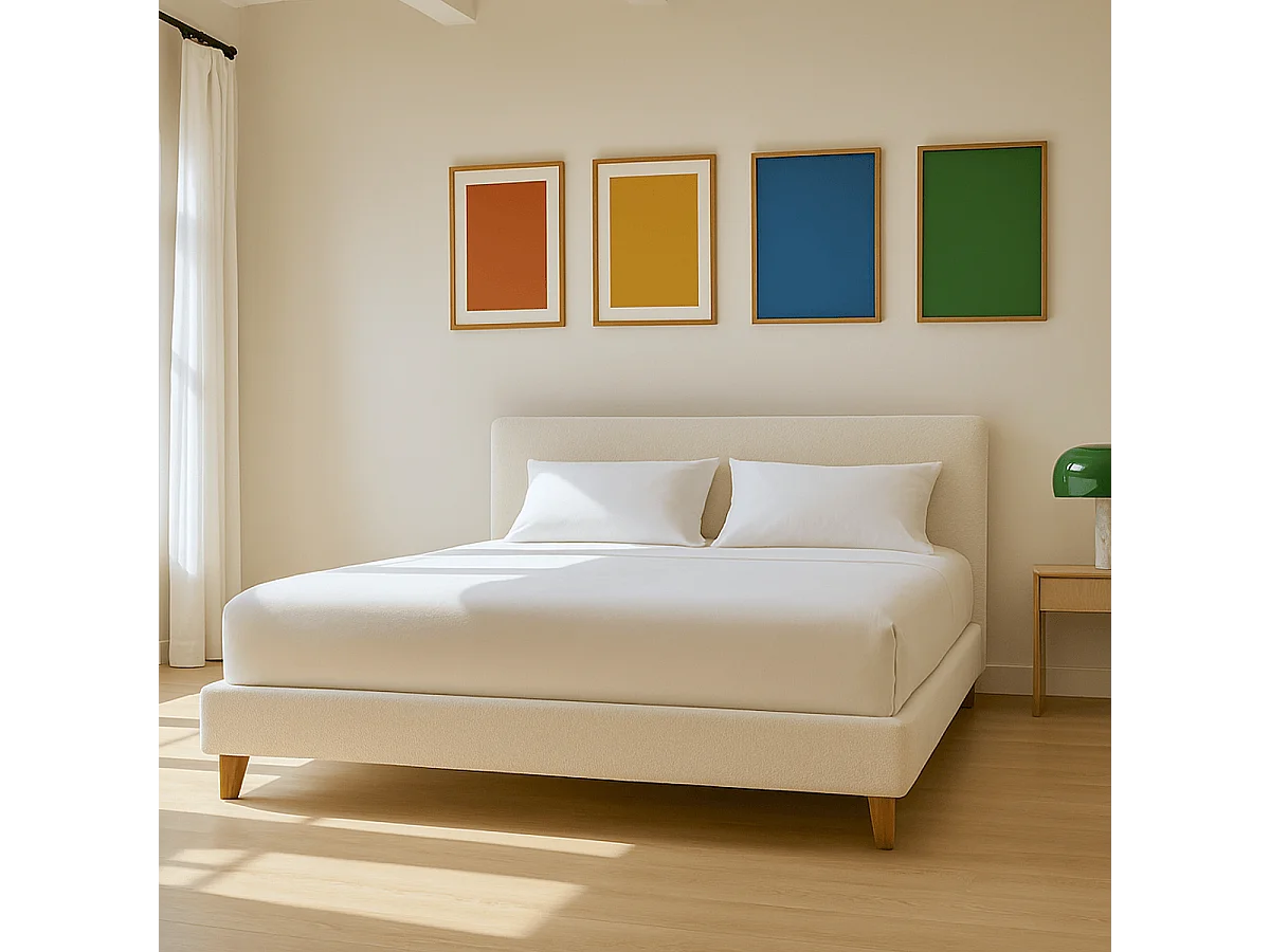 Lit adulte 180x200 cm avec tête de lit capitonnée en tissu bouclé beige - Milo