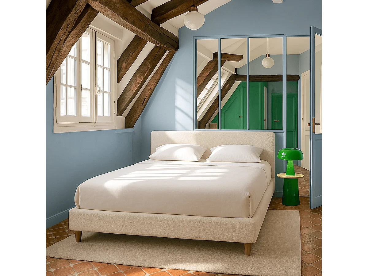 Lit adulte 180x200 cm avec tête de lit capitonnée en tissu bouclé beige - Milo