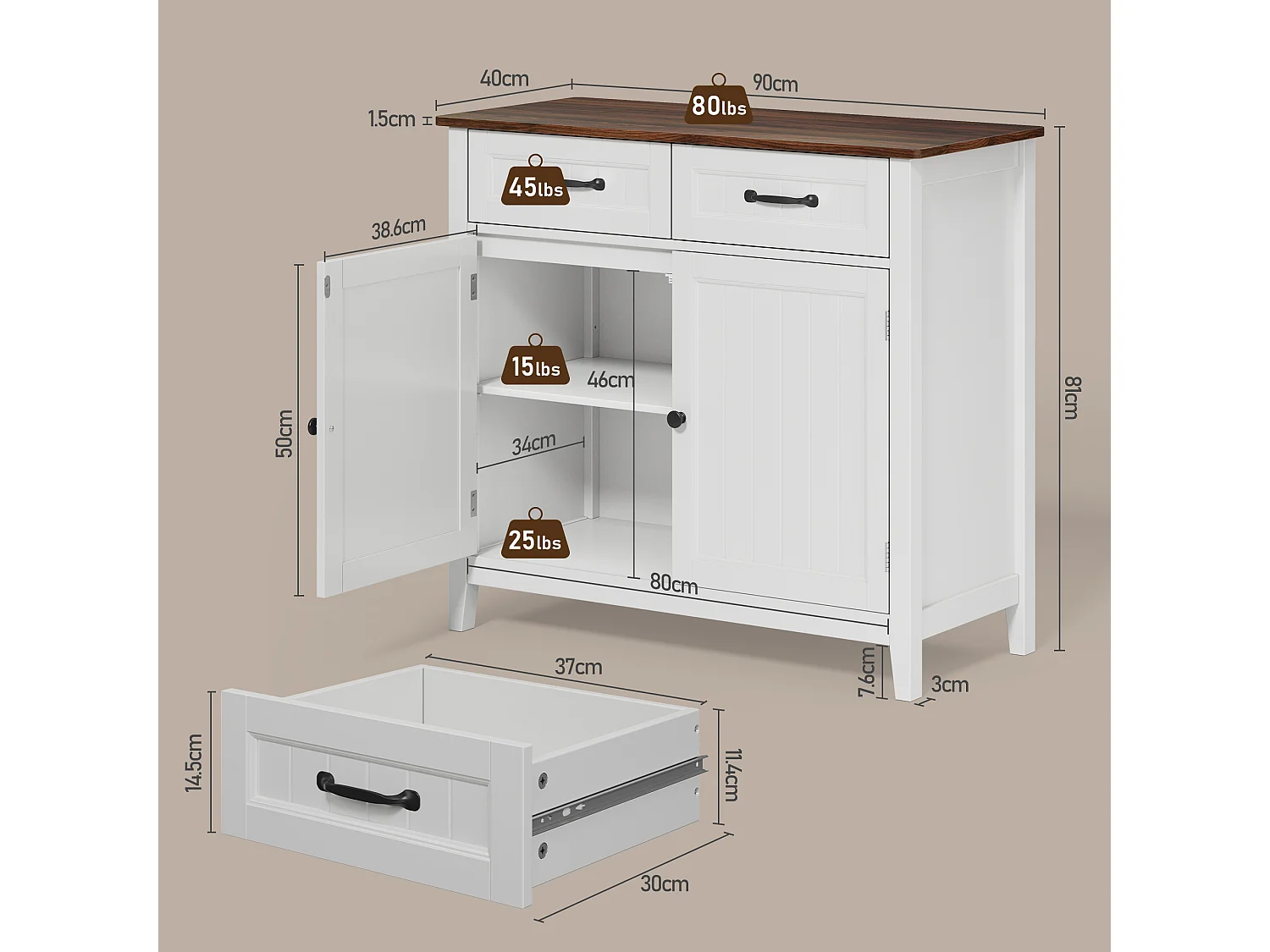 Bealife meuble de cuisine Commode à 2 tiroirs et 2 portes Buffet de cuisine Buffet de cuisine