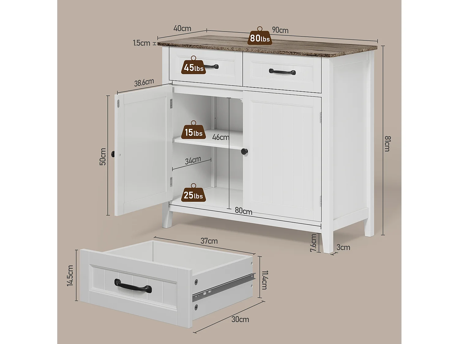 Bealife Mueble de Almacenamiento para Cocina con 2 Cajones y 2 Puertas, Estante Ajustable para Comedor, Salón, Entrada o Pasillo