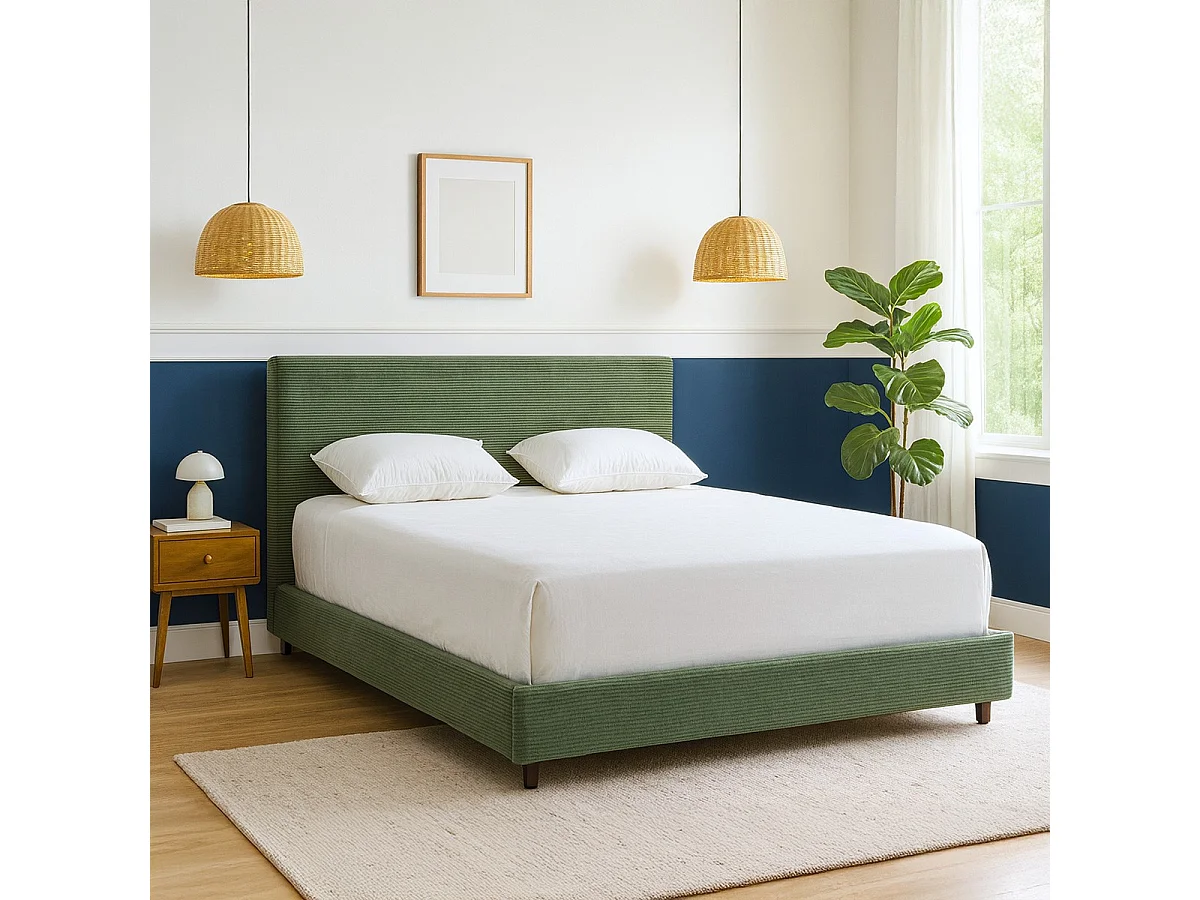 Lit adulte 160x200 cm avec tête de lit capitonnée en velours côtelé vert kaki - William