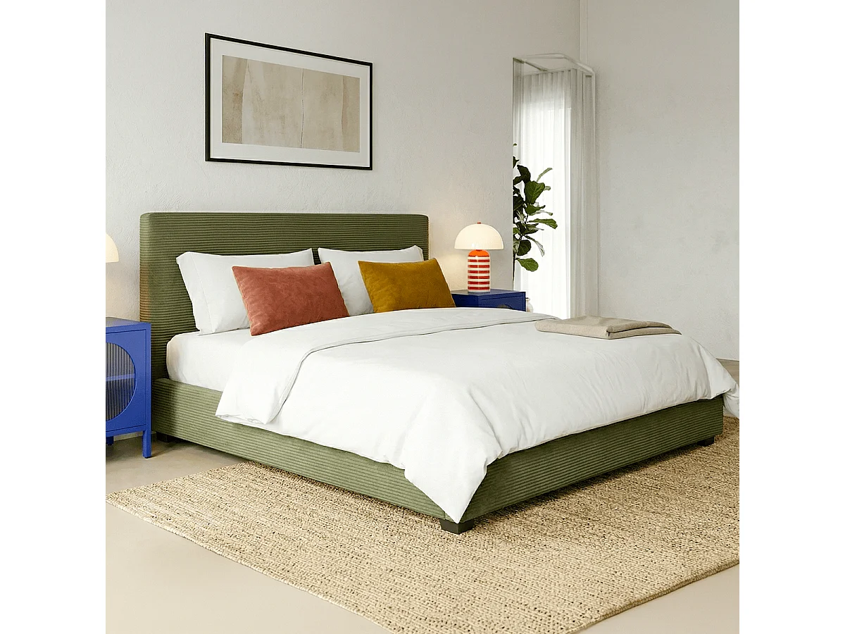 Lit adulte 160x200 cm avec tête de lit capitonnée en velours côtelé vert kaki - William