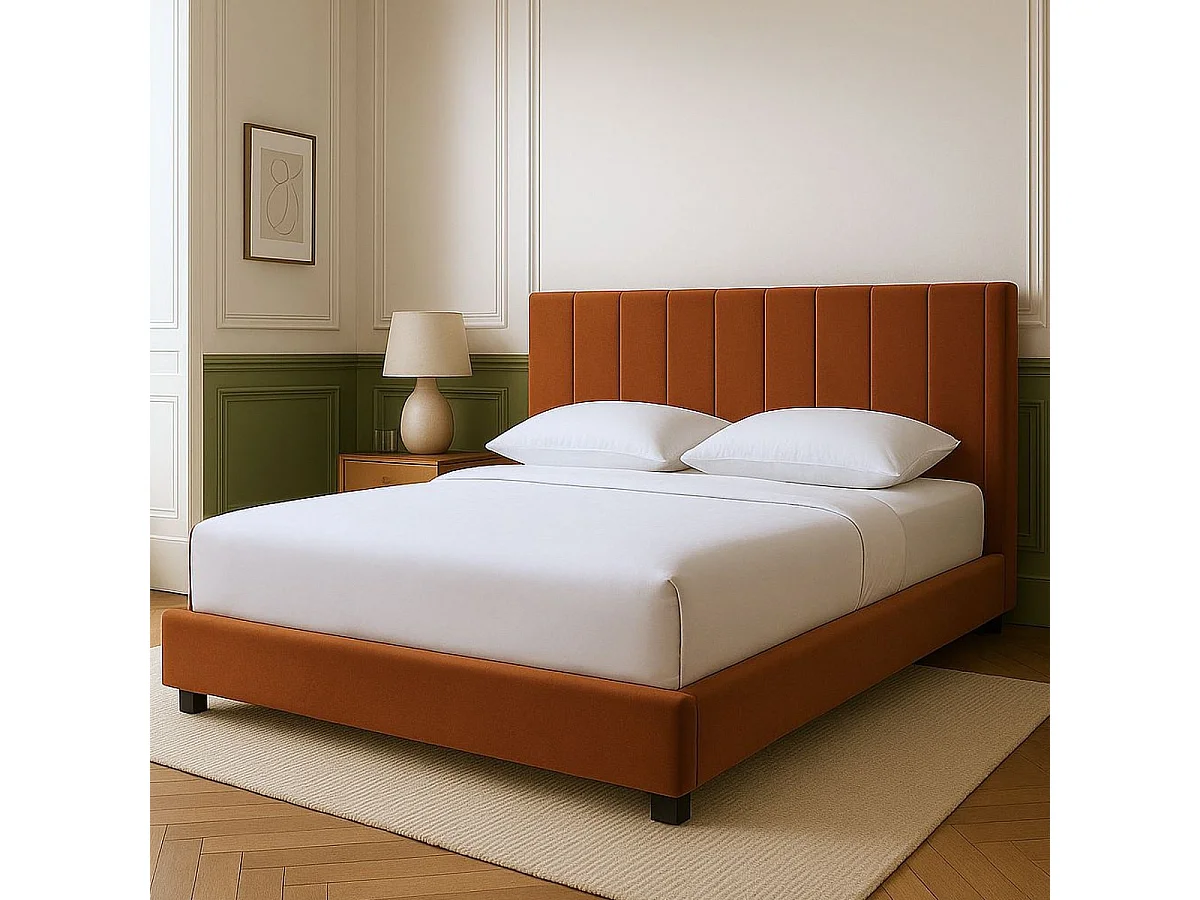 Lit adulte 180x200 cm avec tête de lit capitonnée en velours terracotta - William
