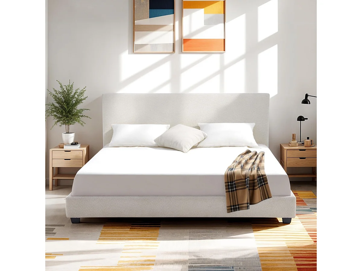 Lit adulte 180x200 cm avec tête de lit capitonnée en tissu bouclé beige - William