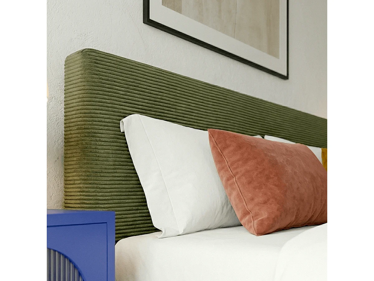 Lit adulte 140x190 cm avec tête de lit capitonnée en velours côtelé vert kaki - William