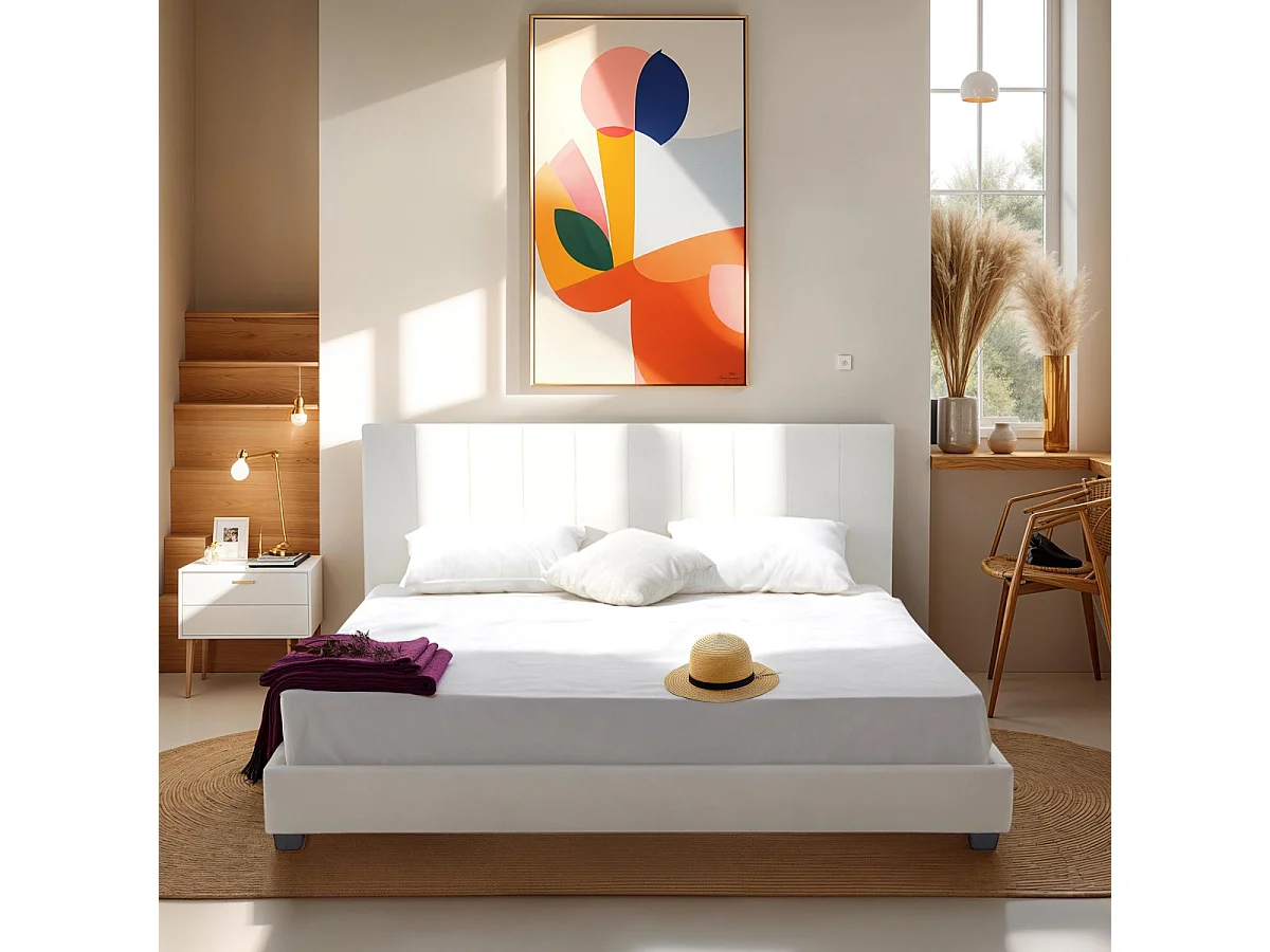 Lit adulte 180x200 cm avec tête de lit capitonnée en velours beige - William