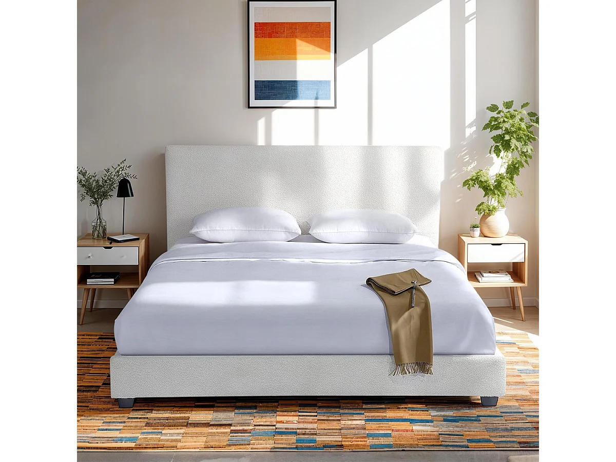 Lit adulte 140x190 cm avec tête de lit capitonnée en tissu bouclé beige - William