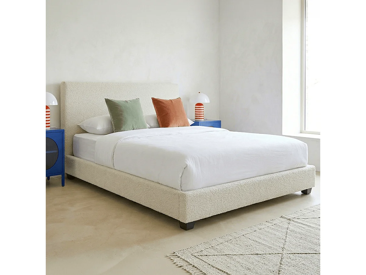 Lit adulte 140x190 cm avec tête de lit capitonnée en tissu bouclé beige - William