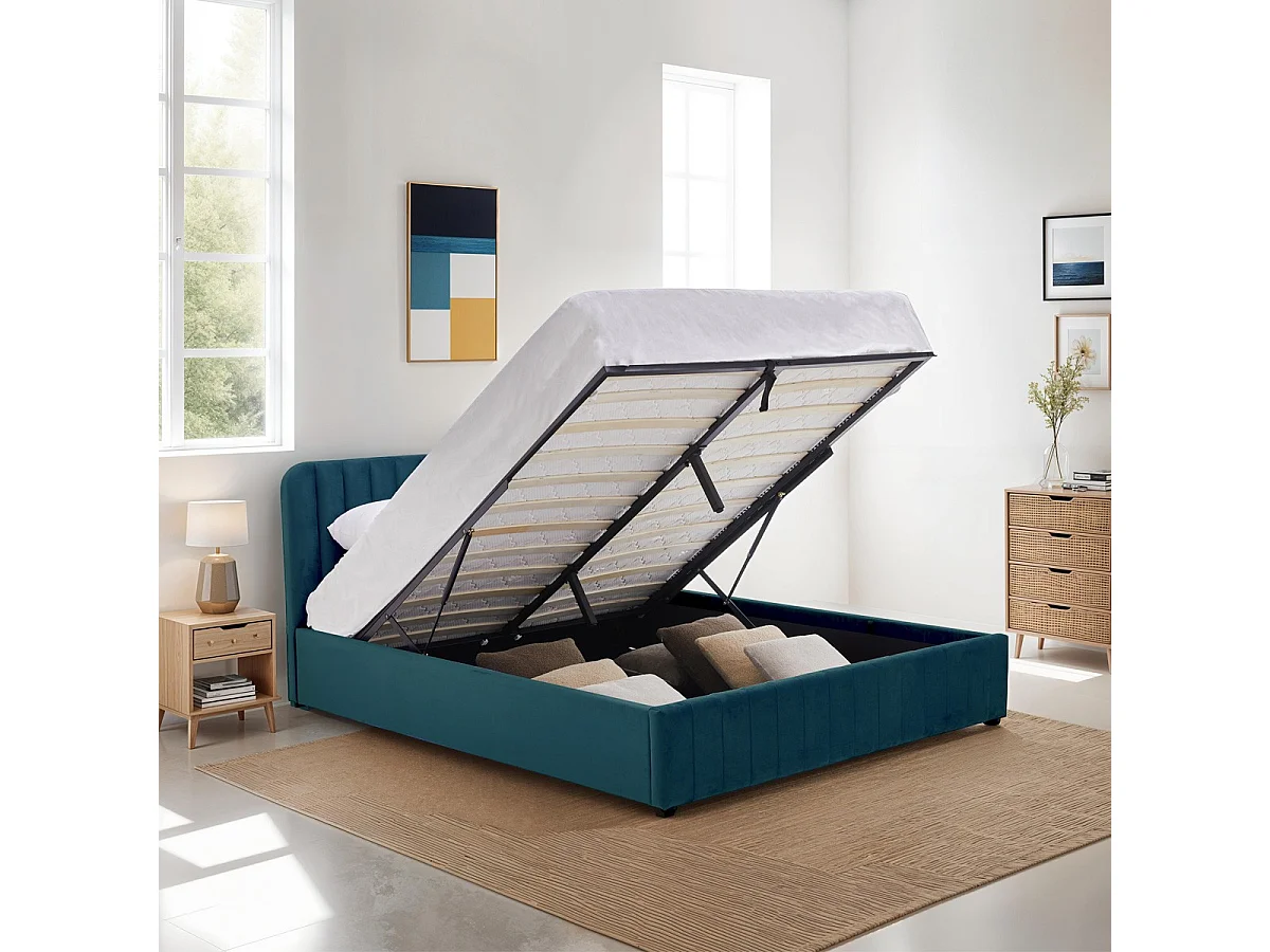 Lit coffre adulte 140x190 cm avec tête de lit capitonnée en velours bleu - Ava