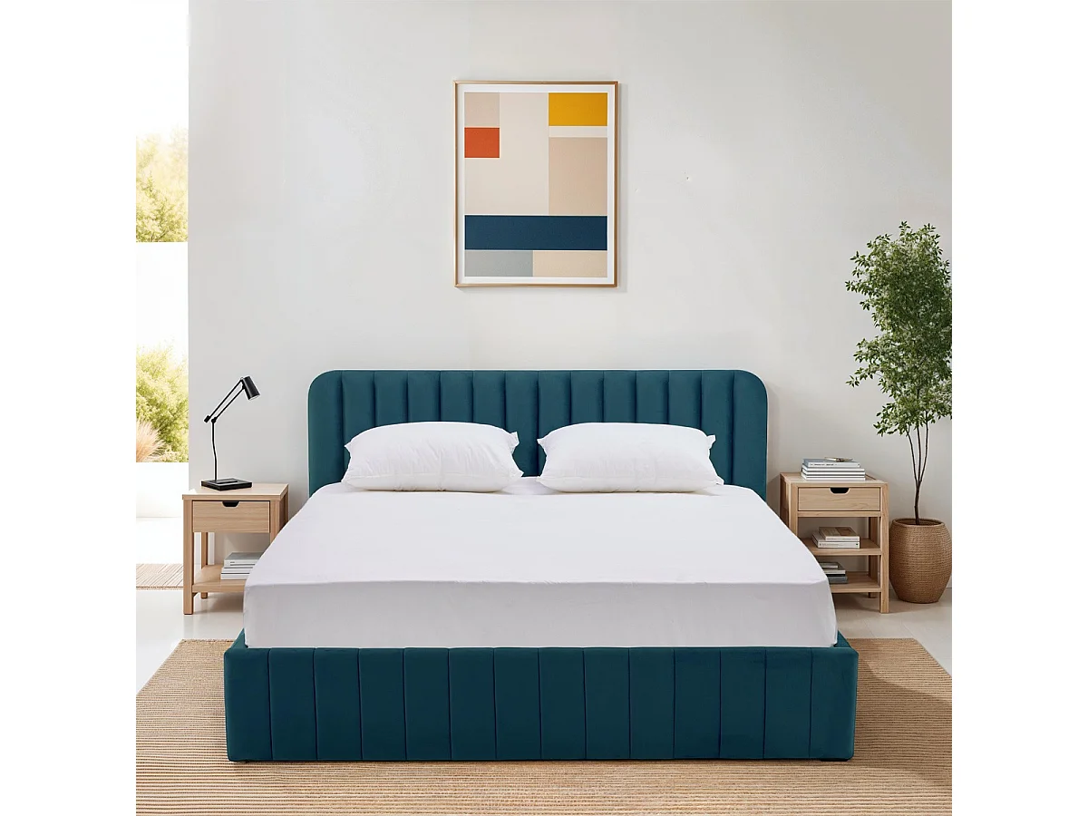 Lit coffre adulte 140x190 cm avec tête de lit capitonnée en velours bleu - Ava